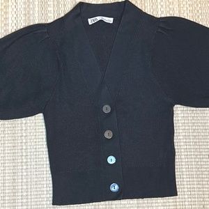 Zara Cropped Sweater Cardigan Small Dark Green Puffed Short Sleeves Zara Women